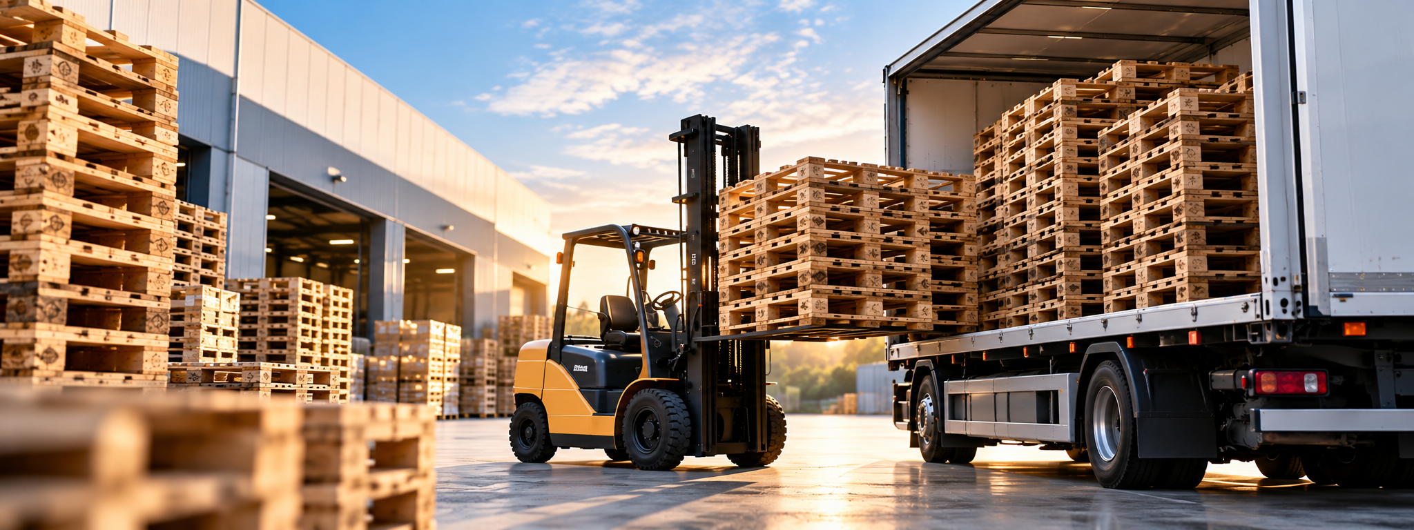 Carico camion e trasporto pallet usati con carrello elevatore presso centro logistico